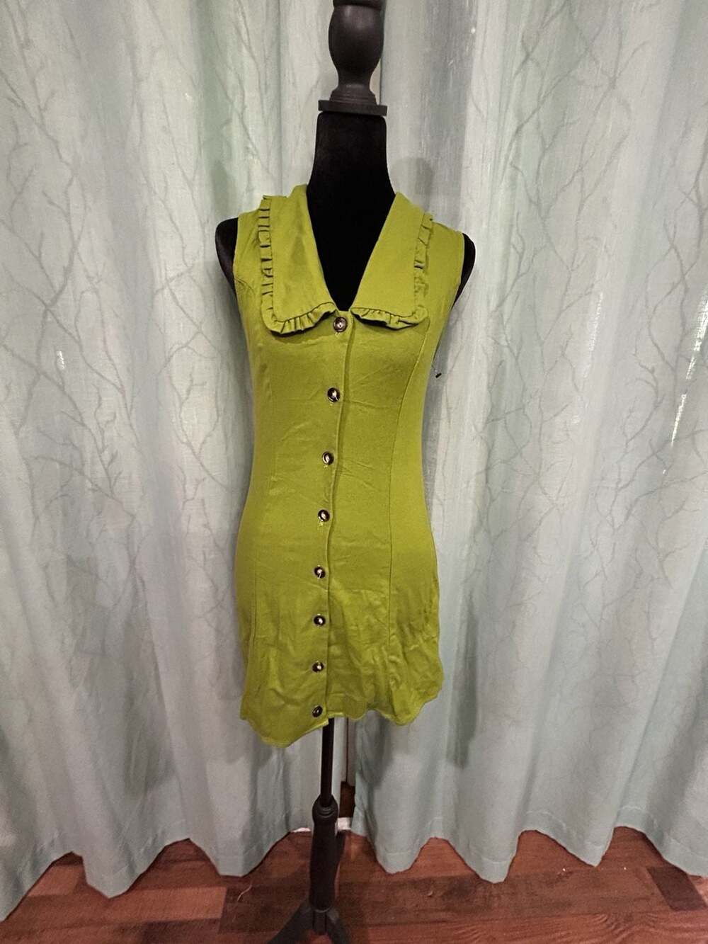 Monteau Los Angeles Green Linen Blend Button-Up Ruffle Collar Dress Size XS